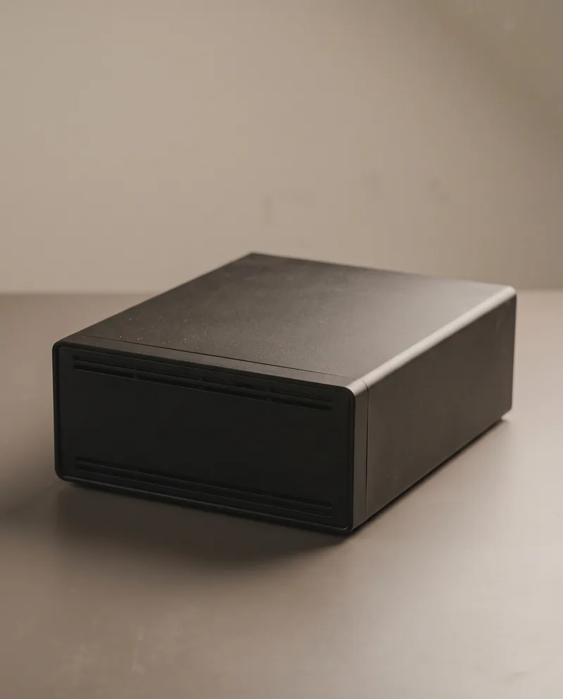 A private on-premise AI machine, a matte black desk-sized enclosure running models with no network path out.